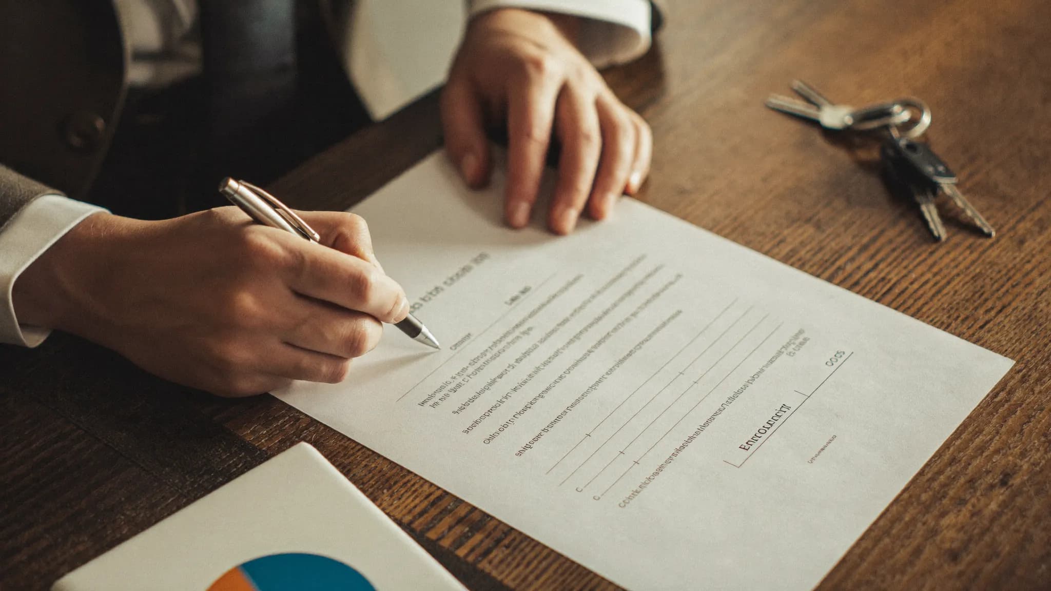 A conveyancer and first-time buyer shaking hands across a desk after exchanging contracts on a UK home.