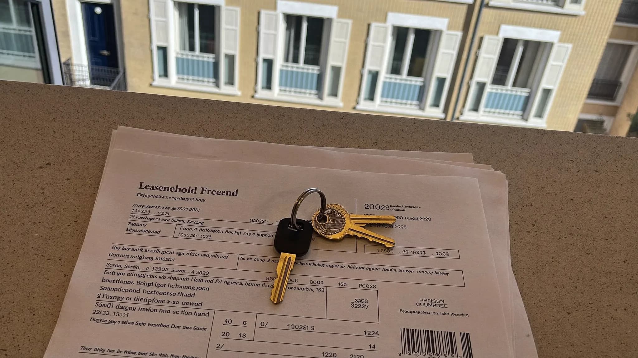 A first-time buyer reviewing lease documents at a table before buying a flat.