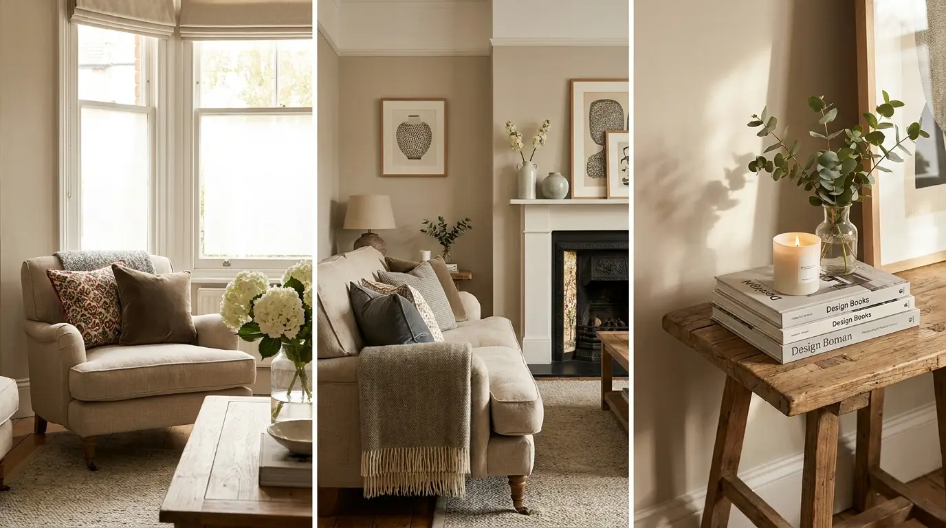 A bright, tidy living room staged for sale with neutral décor, fresh flowers and natural light from large windows.