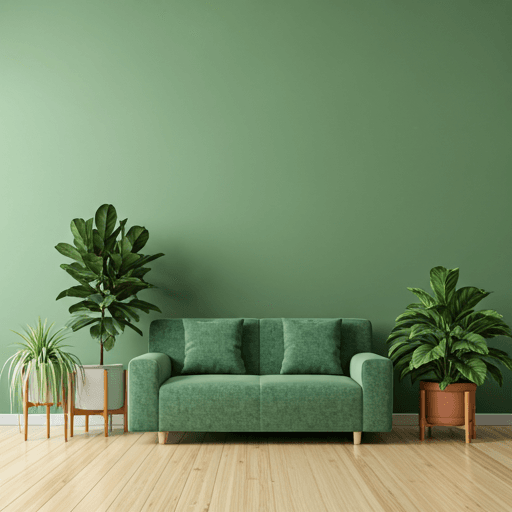Modern living room with green plants and natural light