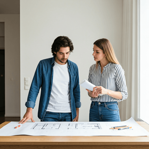 Couple looking at house renovation plans
